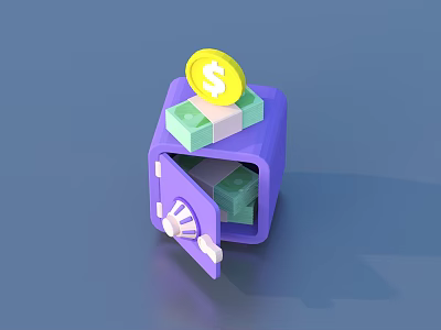 Open Purple Safe With Stacks Of Green Cash And Gold Dollar Coin 3d model