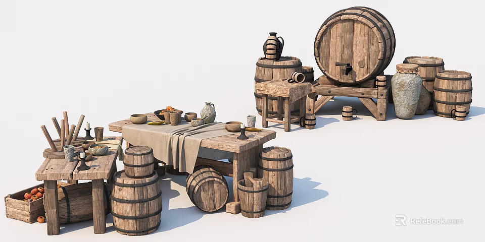 Rustic Household Items With Wooden Barrels Clay Pots Tables Plates And Bowls 3d model 