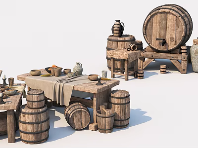 Rustic Household Items With Wooden Barrels Clay Pots Tables Plates And Bowls 3d model