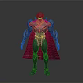 Sleek Dark Mechanical Warrior Character With Red Cape Blue Yellow Accents And Green Gemstone Chest