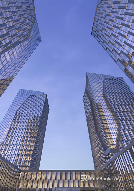 Modern Tall Office Buildings With Glass Curtain Walls And Blue Sky Reflections 3d model 