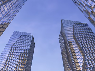 Modern Tall Office Buildings With Glass Curtain Walls And Blue Sky Reflections 3d model