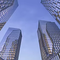 Modern Tall Office Buildings With Glass Curtain Walls And Blue Sky Reflections