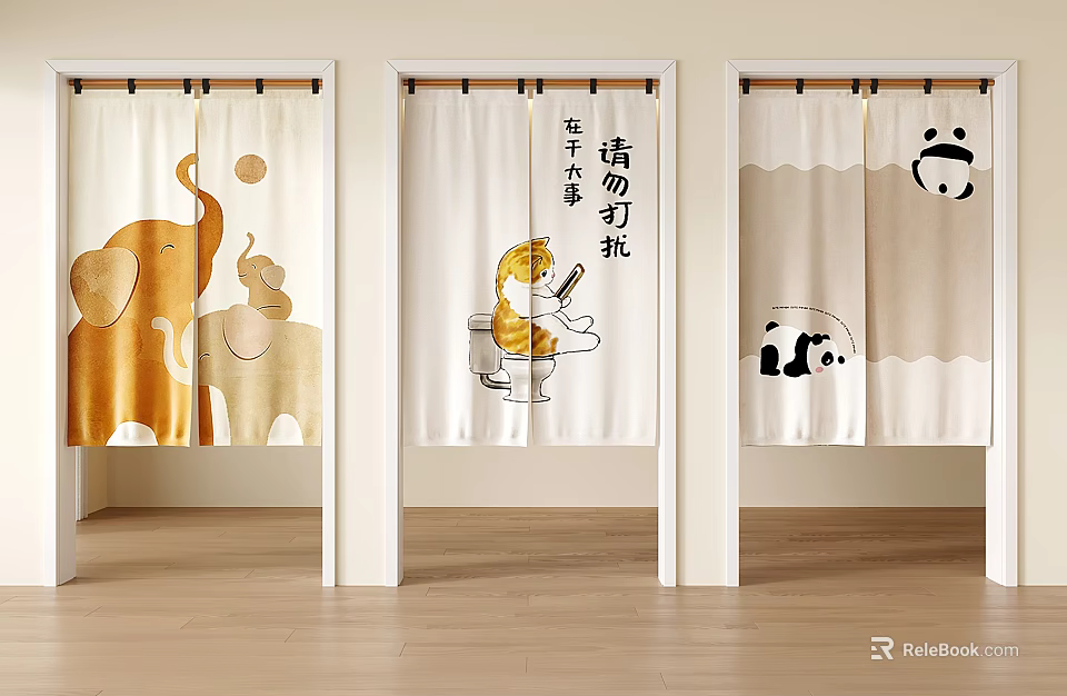 Decorative Door Curtains With Elephant Panda And Cartoon Character Patterns 3d model 