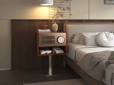 Modern Bedroom Decorative Cabinet With Table Lamp Vase And Books On Wooden Stand 3d model