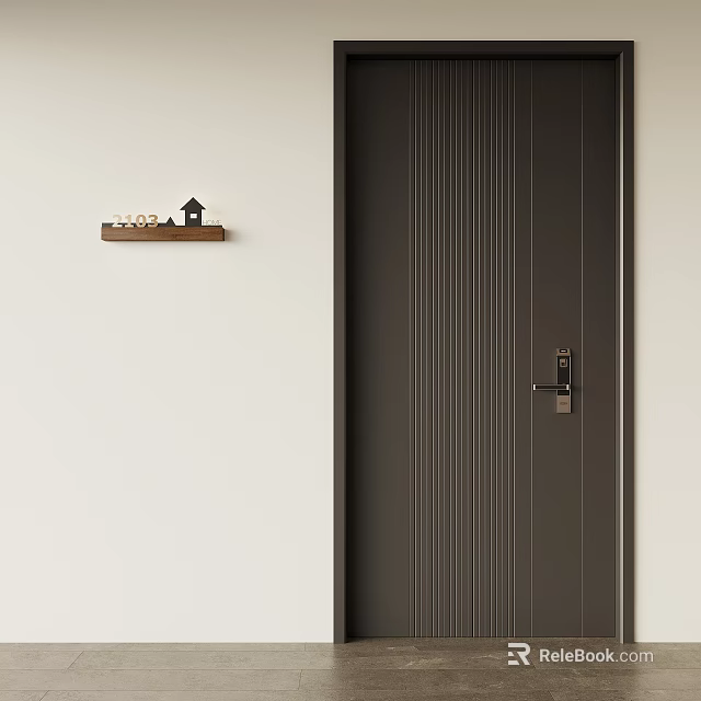 Dark Brown Vertical Striped Security Door With Metal Handle And Minimalist Wall 3d model 