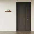 Dark Brown Vertical Striped Security Door With Metal Handle And Minimalist Wall