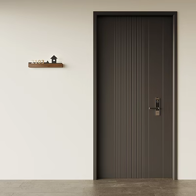 Dark Brown Vertical Striped Security Door With Metal Handle And Minimalist Wall 3d model