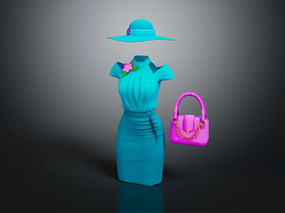 Elegant Blue Dress And Hat With Pink Handbag And Flower Accent 3d model