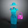 Elegant Blue Dress And Hat With Pink Handbag And Flower Accent