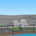 Modern Curved Roof Building Exterior With Landscaping Trees And Water Area