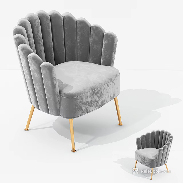 Modern Gray Velvet Single Sofa With Scalloped Backrest And Gold Metal Legs 3d model 