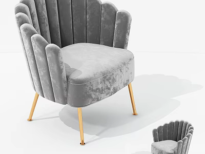Modern Gray Velvet Single Sofa With Scalloped Backrest And Gold Metal Legs 3d model