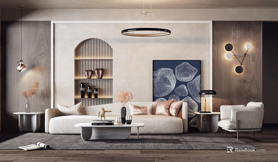 Modern Beige Sofa And White Coffee Table Set With Cushions Abstract Painting And Pendant Light 3d model 