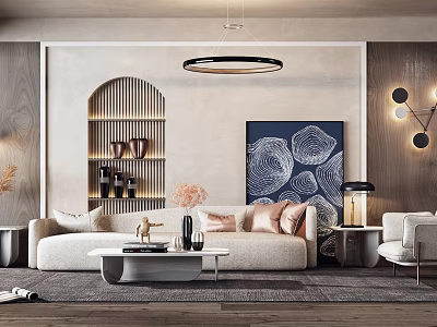 Modern Beige Sofa And White Coffee Table Set With Cushions Abstract Painting And Pendant Light 3d model