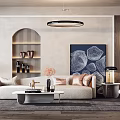 Modern Beige Sofa And White Coffee Table Set With Cushions Abstract Painting And Pendant Light