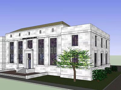Classical White Stone Building Exterior With Multiple Windows Entrance Steps And Front Landscaping 3d model