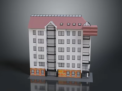 Multi Story Apartment Building With Red Roof White Exterior Multiple Windows And Brick Base 3d model