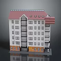 Multi Story Apartment Building With Red Roof White Exterior Multiple Windows And Brick Base