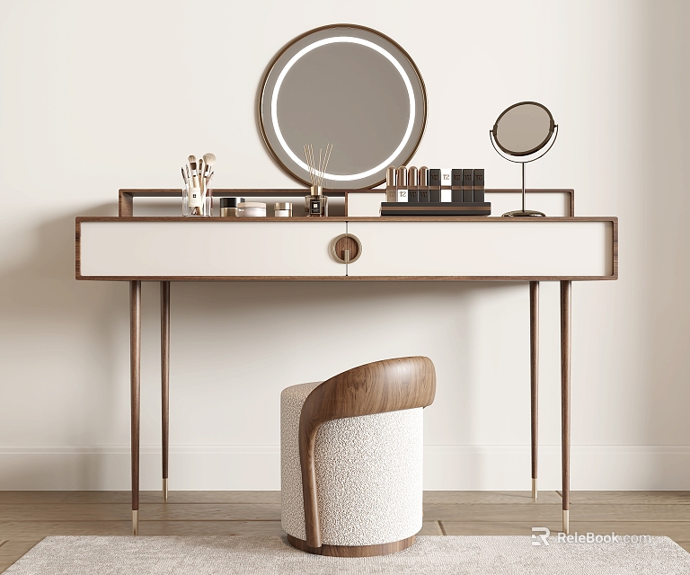 Modern Dressing Table with Round Mirror Small Mirror Cosmetics Brushes and Wooden Upholstered Chair 3d model 