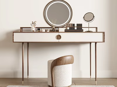 Modern Dressing Table with Round Mirror Small Mirror Cosmetics Brushes and Wooden Upholstered Chair 3d model