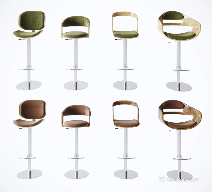 Modern Bar Stools Collection With Various Styles Backrests And Metal Bases 3d model