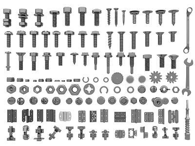 Assorted Metal Hardware Parts Including Screws Bolts Nuts Gears And Wrenches 3d model