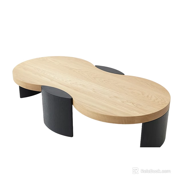 Modern Irregular Shape Coffee Table With Light Wood Top And Black Cylindrical Legs 3d model 