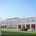 White Industrial Warehouse With Red Roller Doors And Vehicles On Green Lawn