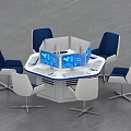 Modern Circular Office Desk With Multiple Computer Monitors And Blue White Chairs 3d model