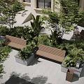 Landscape Benches Surrounded By Green Plants And Trees In Outdoor Paved Area