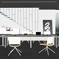 Modern Conference Room Interior With Long White Table Colorful Chairs Black Wall Art Bookshelf And Windows