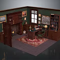 Traditional Study Room Interior Design With Wooden Bookshelves Green Walls Writing Desk And Fireplace