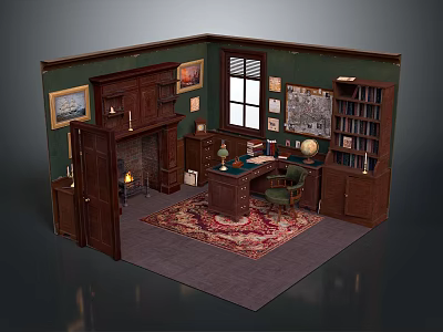 Traditional Study Room Interior Design With Wooden Bookshelves Green Walls Writing Desk And Fireplace 3d model