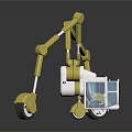 Yellow 3D Rendered Mechanical Robot With Articulated Arms Wheels And Transparent Cabinets