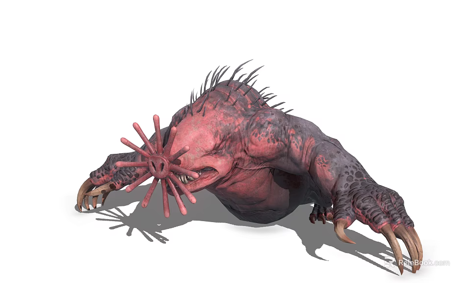 Fierce Monster With Red Body Spiked Back Tentacled Head Muscular Limbs And Sharp Claws 3d model 