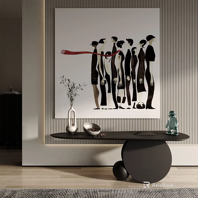 Figure Painting With Multiple Black Silhouette Figures Red Object White Background Black Table Striped Wall 3d model