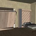 Foldable Wooden Wall Bed Interior Design With Floor Window Blinds And Plant 3d model