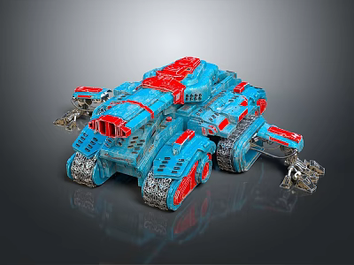 Futuristic Armored Military Vehicle With Blue And Red Tracks And Mechanical Arms 3d model