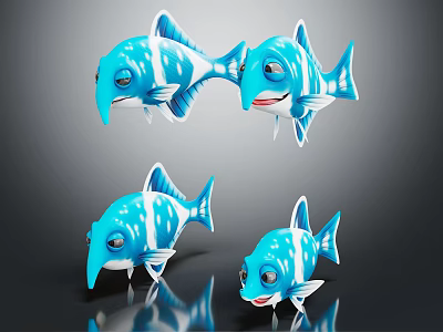 Animated Blue Cartoon Fish Characters With White Spots And Playful Expressions 3d model