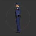 Police Officer In Blue Uniform Standing With Arms Outstretched Against Dark Background