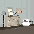 Modern Decorative Cabinet With Compartments Holding Books Vase Statue Framed Artwork And Floor Lamp