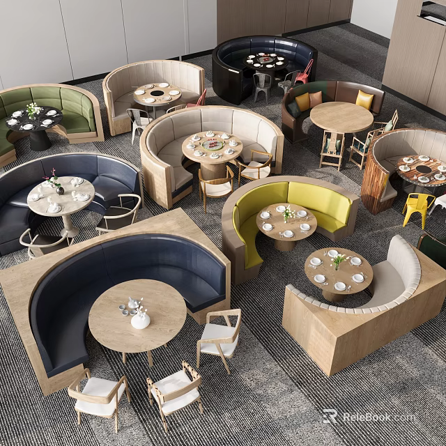 Stylish Modern Booth Sofas In Restaurant Dining Area With Round Tables And Chairs Layout 3d model