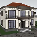 Two Story Detached Villa Exterior Design With Sloped Roof Light Walls And Greenery