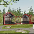 Red Detached Villa With Large Glass Windows In Natural Wooded Surroundings