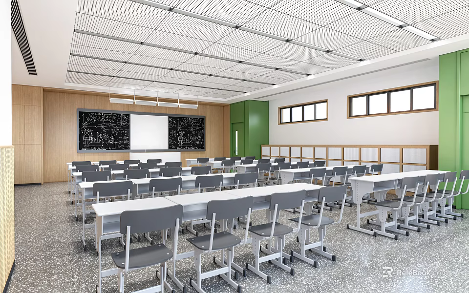 Modern School Classroom Setup With Desks Chairs Blackboards And Windows 3d model 
