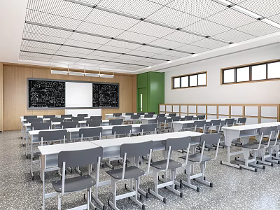 Modern School Classroom Setup With Desks Chairs Blackboards And Windows 3d model