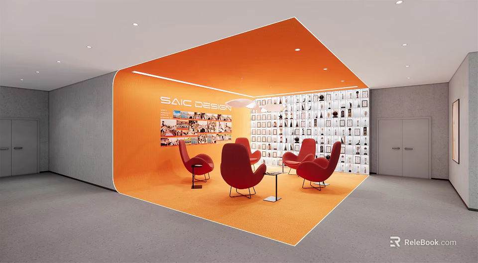 Modern Lounge Area With Orange Wall Red Chairs And Item Display Wall 3d model 