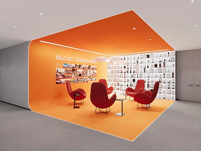 Modern Lounge Area With Orange Wall Red Chairs And Item Display Wall 3d model
