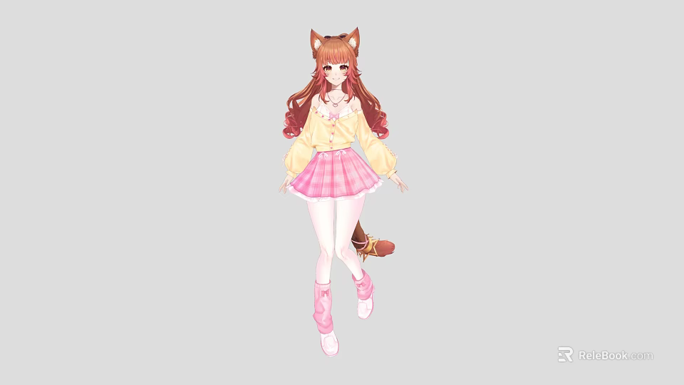 Anime Girl with Cat Ears and Tail Wearing Yellow Top Pink Plaid Skirt Pink Boots 3d model 